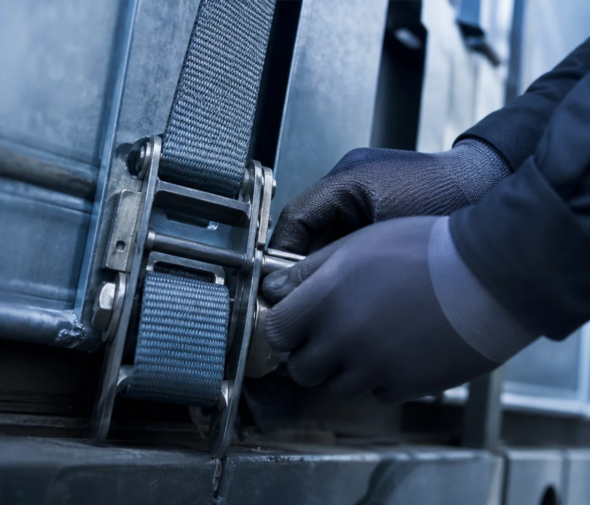 Illustrative close-up of professional cargo securement inspection